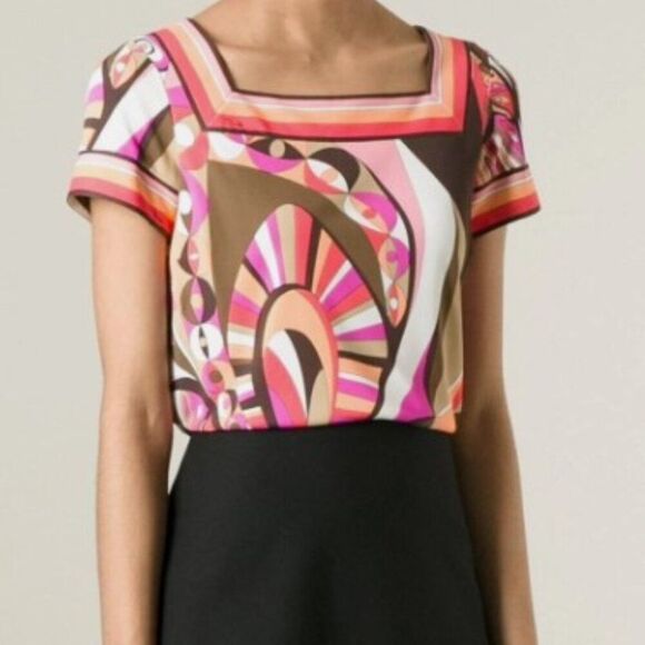 Emilio Pucci Silk Blend Square Neck Geometric Printed Top in Size 10